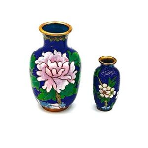 Vintage Miniature Brass Floral Cloisonné Vases Set of Two